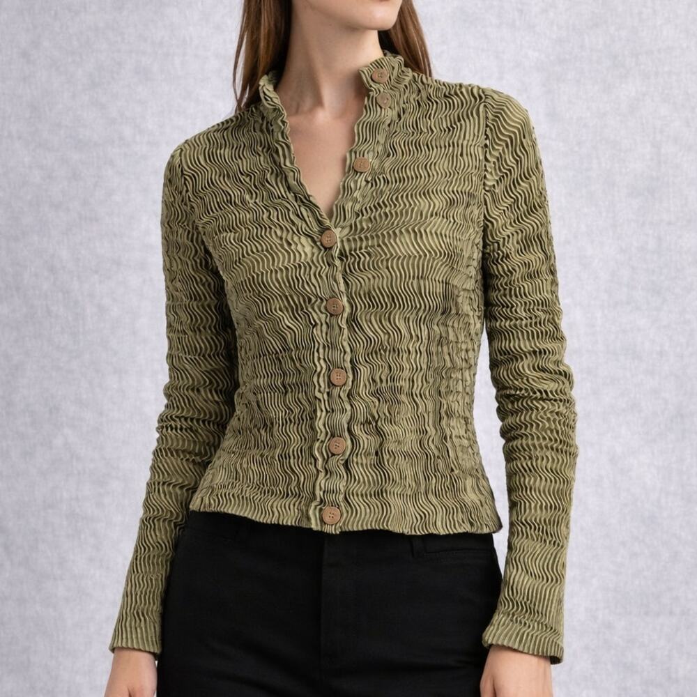Issey Miyake Olive Green Pleated Button-Front Jacket